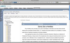 Figure 1.1: Donna Zick’s e-Portfolio work area in ANGEL