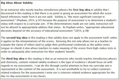 Figure 4. Big Ideas about Validity from a Science Teacher